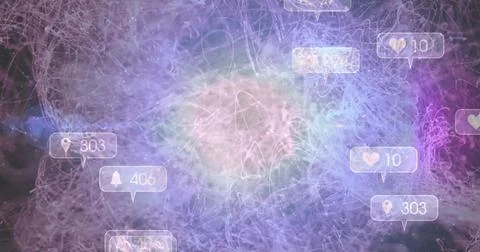 Swirling abstract data network cluster in digital space, with translucent hea Stock Photos