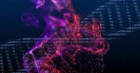 Swirling abstract particle cloud emitting numeric code overlay in virtual space, イラスト素材