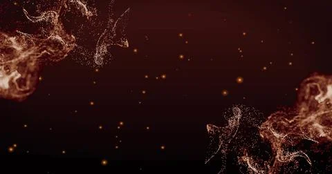 Swirling abstract particle formations drifting across maroon-black gradient, Illustrazione stock