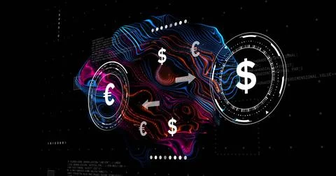 Swirling abstract wave pattern on digital canvas with currency symbols, two-way Foto stock