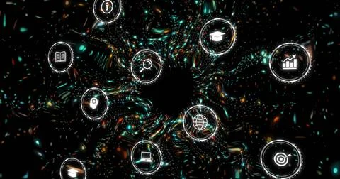 Swirling black vortex pulling glowing data streams in futuristic space, with Stock Illustration