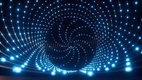 Swirling blue light led cube form a deep glowing tunnel shape, abstract digital Stockillustratie