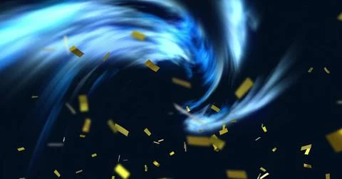 Swirling blue light vortex moving through abstract digital scene, with gold Stock Illustration