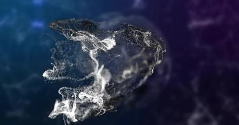 Swirling cloud of white particles forming smoke-like tendrils in digital space, Illustrazione stock