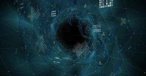 Swirling dark vortex glowing in virtual network, featuring grid lines, continent Stock Photos