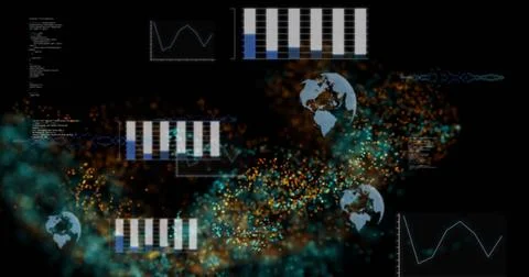 Swirling data cloud sweeping diagonally in virtual data space, with charts  and  Stock Illustration