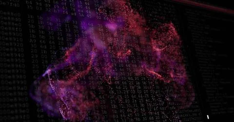 Swirling data particles forming nebula shapes over console interface, with Stock-Fotos