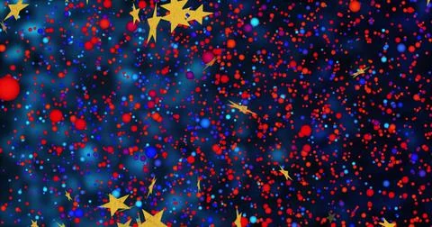 Swirling dense red and blue particles occupying deep navy digital background, Stock Illustration