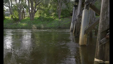 Swirling flood waters of river flow beneath old wooden railway bridge Stock-Footage 284205809