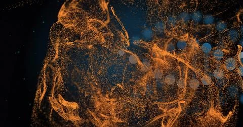 Swirling glowing orange particle cloud forming mesh ribbons and trails in void, Stock Illustration