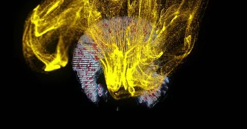Swirling head-shaped alphanumeric mesh dancing in virtual space, vivid yellow Stock Illustration
