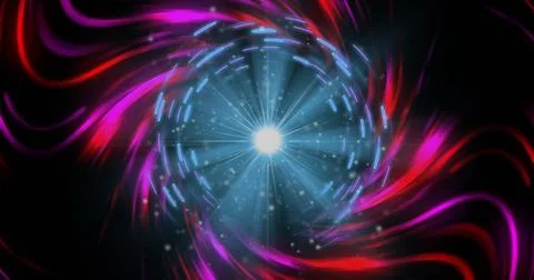 Swirling light vortex radiating in dark void, with glowing nucleus, blue rings, 스톡 사진