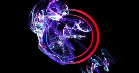Swirling luminous particle cloud curling across black void, showing red rings Illustrazione stock