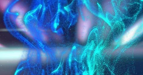 Swirling luminous particle cloud drifting through gradient backdrop with ribbon 库存插图