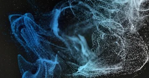 Swirling luminous particle cloud forming ribbon-shaped waves in black void, with Stock Illustration