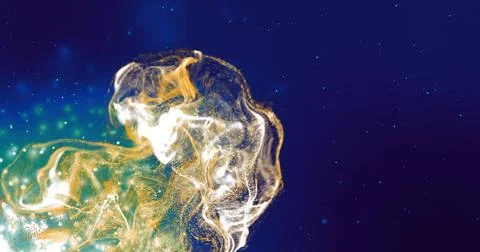 Swirling luminous particle cloud moving in space scene, showing gold filaments Stock Illustration