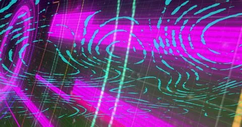 Swirling magenta cyan light patterns moving across virtual studio grid, with Stock Illustration