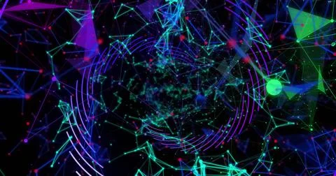Swirling network vortex unfolding in dark void, with glowing nodes, lines, Stock Photos