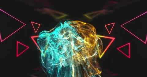 Swirling particle cloud flowing in dark digital space, featuring neon triangular Stock Footage 309342093