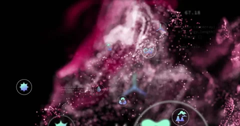 Swirling particle cloud showing floating code snippets and circular eco icons in 스톡 동영상 308659702