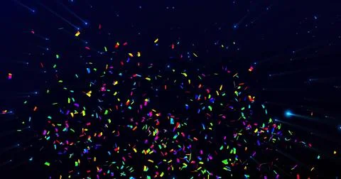 Swirling rectangular confetti forming dense cloud at navy backdrop, with glow Stock Illustration