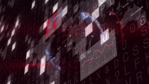 Swirling red and blue data dots initiating globe spinning revealing lands as Stock Footage 312361009