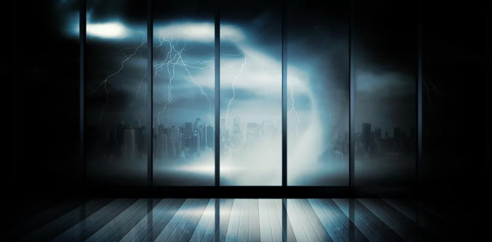 Swirling storm vortex is sending lightning through glass walls onto wooden floor Stock Illustration