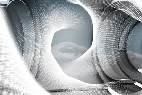 Swirling white dotted mesh structure is revealing cloudy sky in 3D render, Illustrazione stock
