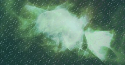 Swirling white-green cloud formation animating center of digital display, with Stock Photos