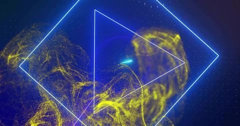 Swirling wireframe triangle intersecting abstract background, with blue Foto stock