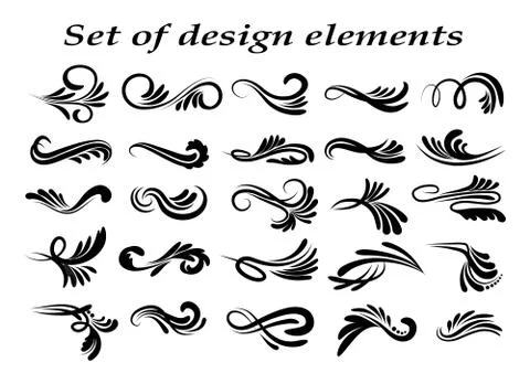 Swirly line curl patterns isolated on white background. Vector flourish vinta Illustrazione stock