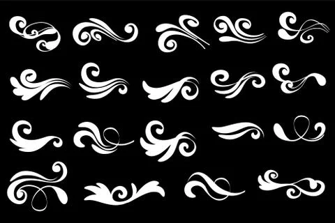 Swirly line curl patterns isolated on black background. Vector flourish vinta 스톡 일러스트