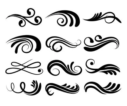 Swirly line curl patterns isolated on white background. Vector flourish vinta Stock Illustration