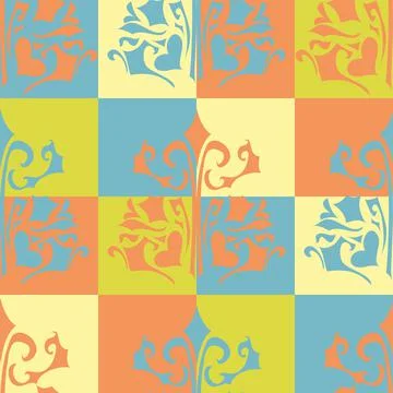 Swirly Square Tiles Pattern In Terracotta, Lime And Blue Stock Illustration