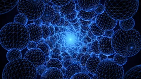 Swirly tunnel shape made of spinning 3D spheres with glow blue wireframe Stock Footage 277650486