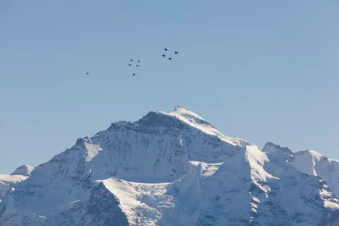 The Swiss Air Force flies a display over the Alps in the Bernese Oberland Stock Photos