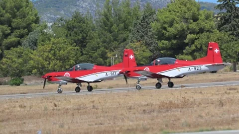 Swiss Air Force PC-7 aerobatics team at Athens Flying Week 2024 Stock Footage 289651107