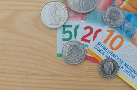 Swiss banknotes and coins Stock-Fotos