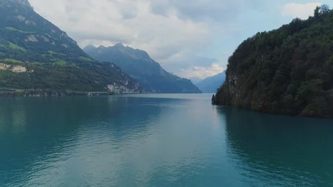 Swiss Brunnen blue mountain Lake europe nature drone flight Stock Footage