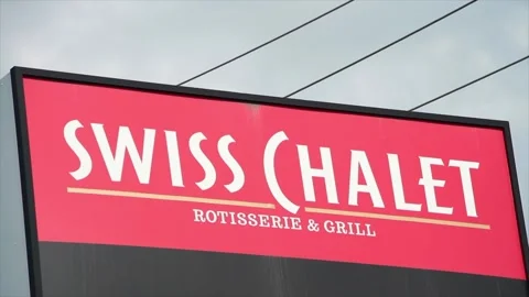 Swiss chalet horizontal rectangle sign billboard logo with sky and power lines Stock Footage 249419759
