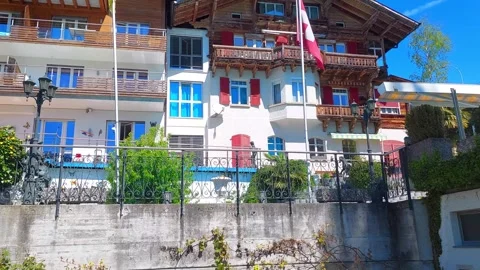 Swiss Chalets with Palm Tree, Brienz Switzerland 4K Stock Footage 341279665