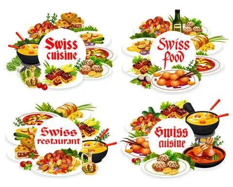 Swiss cuisine round frames vector Switzerland food Stock Illustration