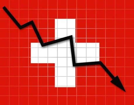 The Swiss flag and arrow graph going down Stock Illustration
