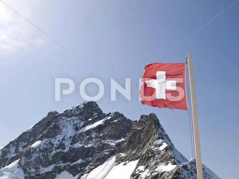 Swiss Flag, Jungfrau, Jungfraujoch, Snow-Covered Mountains, Bernese Oberland,