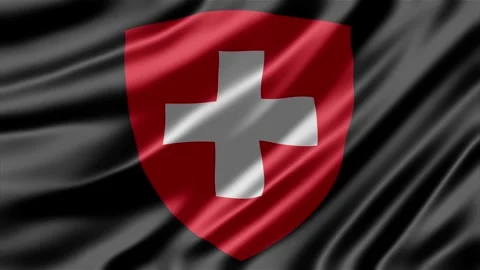 Swiss flag shield emblem waving gracefully in soft dark fabric motion Stockbeeldmateriaal 344848228