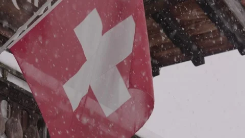 Swiss flag waving gently during heavy snowfall Vidéo 331868887