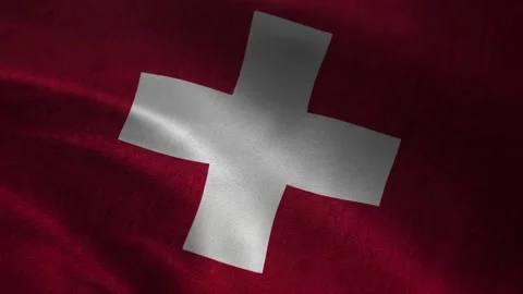 Swiss flag waving macro background with white cross on red fabric, patriotic se Stock Footage 339547677