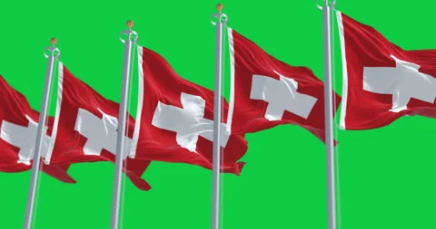 Swiss flags waving in the wind isolated on green background Stock Footage 335881151