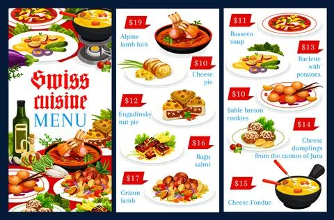 Swiss food vector menu template Switzerland meals Stock Illustration