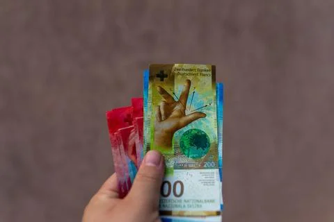 Swiss Franc CHF banknotes representing Swiss currency finance banking and m.. Stock Photos